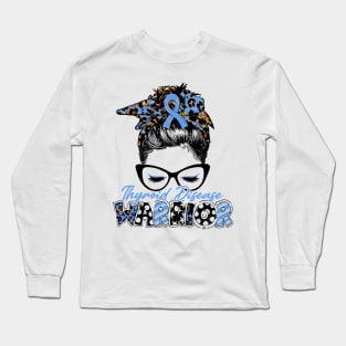 Thyroid Disease Awareness Warrior Women Glasse Messy Bun Leopard Bandana - Happy Mothers Day, Valentines Day Long Sleeve T-Shirt